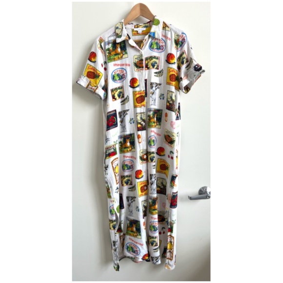 Jane + Delancey Short Sleeve Tropical Fruit Vacation Linen Blend Shirt Dress L - Picture 3 of 10